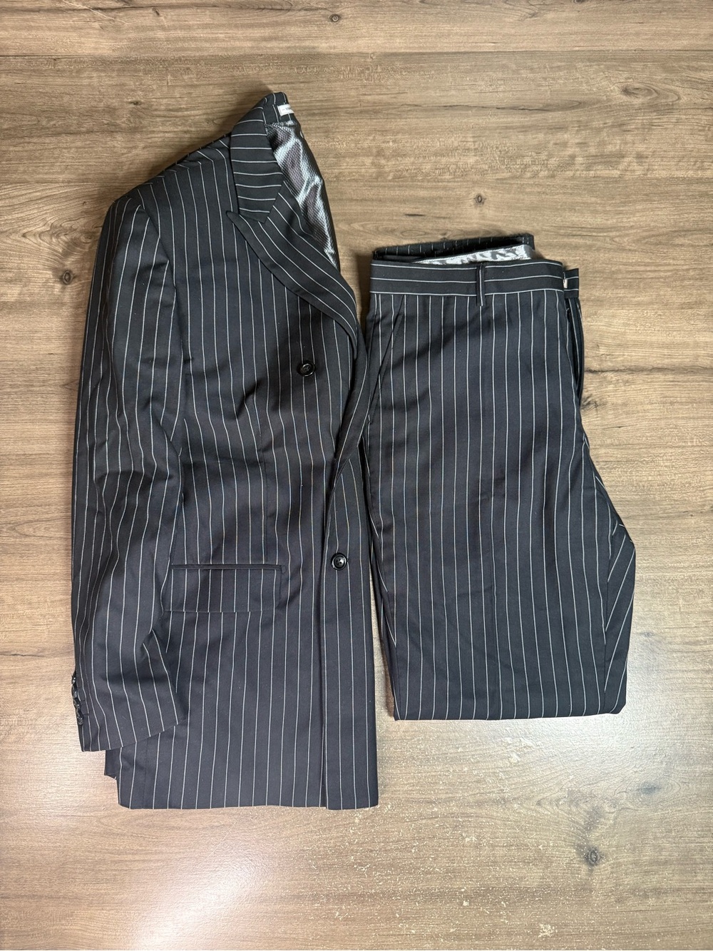 Vinci Philosophy Mens 36R Double Breasted Pinstripe Suit Black 2 Piece Pants